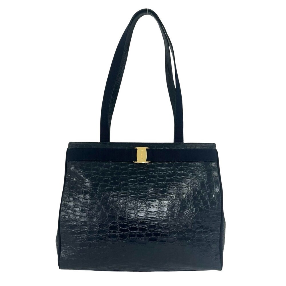 Salvatore Ferragamo Vintage Vara Ribbon Hardware Leather Tote Bag Navy 73243